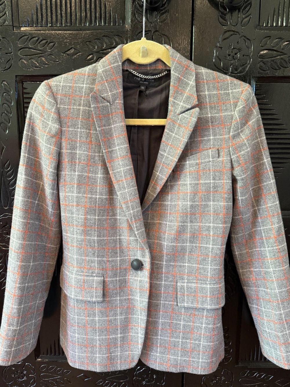 rag & bone Gray Plaid Blazer with Orange Windowpane Accents